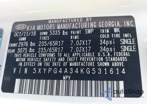 2019 Kia Sorento 2.4L Lx z USA, uszkodzony, nr VIN 5XYPG4A34KG531614